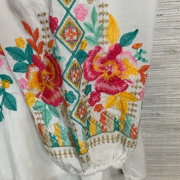 Savanna Jane V-Neck Blouse with Floral Embroidery - White and Pink Plus 1X - Picture 6 of 14